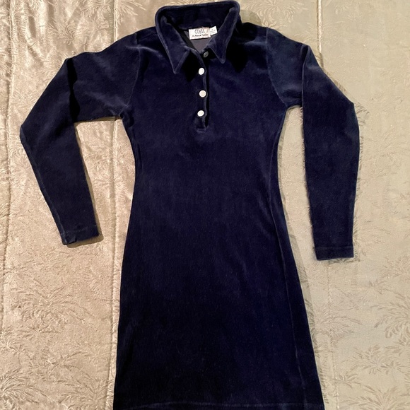 ❤️VINTAGE GUESS ❄️BLUE VELVETY CORDUROY VELOUR LONG-SLEEVE STRETCHY DRESS💗 - Picture 3 of 7